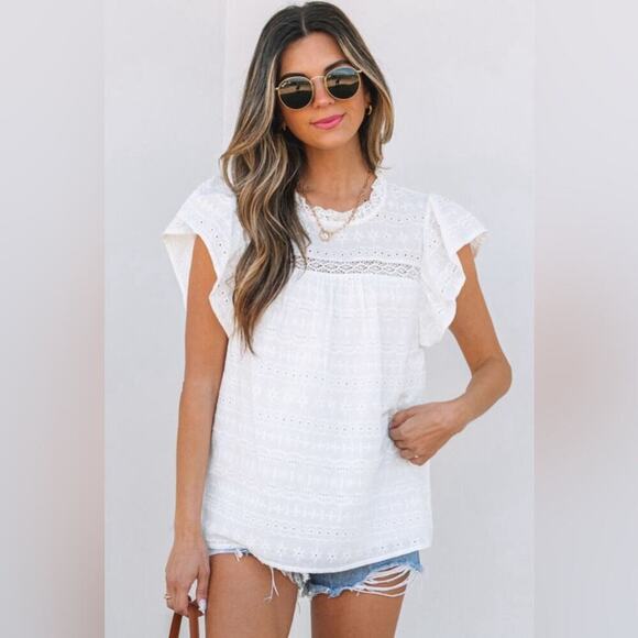 Tops - *NEW* Womens White Eyelet Ruffle Short Sleeve Blouse Top Boho | Size L